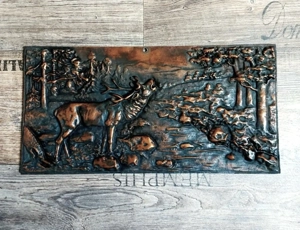 Gußbild Relief Wandbild ,Jagdmotiv röhrender Hirsch