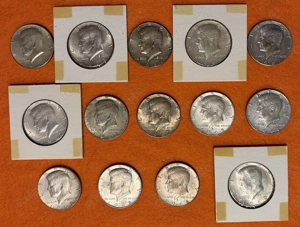 14 x USA Half Dollar Kennedy, Silbermünzen 1965 1966 1967 1968 1969