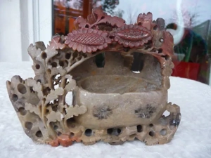 Exquisite Steinschnitzerei Pinselwascher Vase Speckstein China Handarbeit Floral