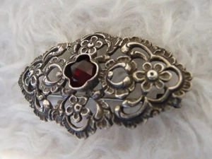 Ovale 800 Silber Brosche Anstecker Granat Jungendstil Sicherheitsverschluss