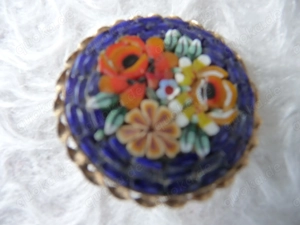 Antike Millefiori Micro Glas Mosaik Brosche Glasmosaik vergoldet Italien Metall 