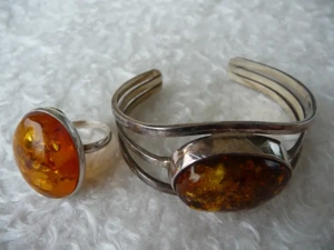 Massiver 925 Silber Armreif Armspange + Ring Fingerring echt Bernstein