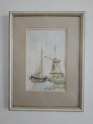 Original Aquarell Segelboot Windmühle, signiert, handgemalt Segelschiff mit Rahmen TOP! Bild 10
