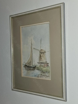 Original Aquarell Segelboot Windmühle, signiert, handgemalt Segelschiff mit Rahmen TOP! Bild 9