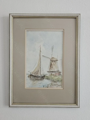 Original Aquarell Segelboot Windmühle, signiert, handgemalt Segelschiff mit Rahmen TOP! Bild 7