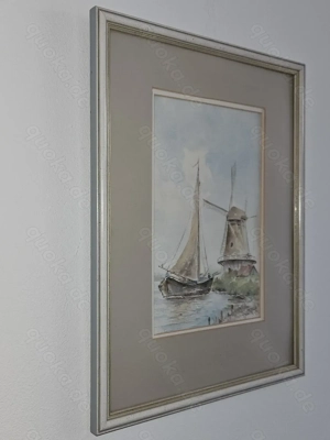 Original Aquarell Segelboot Windmühle, signiert, handgemalt Segelschiff mit Rahmen TOP! Bild 8