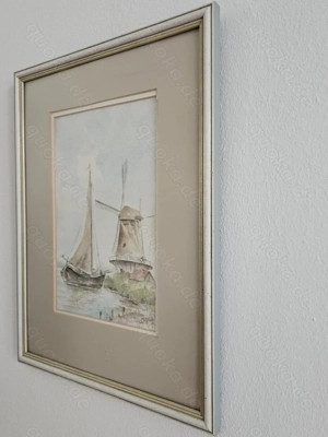 Original Aquarell Segelboot Windmühle, signiert, handgemalt Segelschiff mit Rahmen TOP! Bild 6
