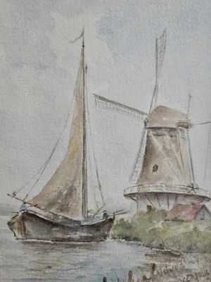 Original Aquarell Segelboot Windmühle, signiert, handgemalt Segelschiff mit Rahmen TOP! Bild 2