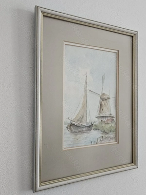 Original Aquarell Segelboot Windmühle, signiert, handgemalt Segelschiff mit Rahmen TOP! Bild 3