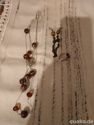 modeschmuck Set mit Kette Ohrhänger Ring braun 