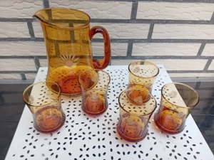 Saftkrug Henkel 5 Gläser geschliffenes glas DDR Retro