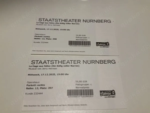 Verkaufe 2x Karten für das Musical "Ein Käfig voller Narren" im Staatstheater Nürnberg am 17.12.2025