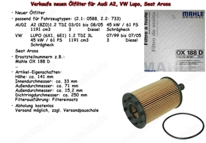 Verkaufe neuen Ölfilter für Audi A2, VW Lupo, Seat Arosa