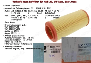 Verkaufe neuen Luftfilter für Audi A2, VW Lupo, Seat Arosa