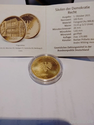  100 EURO GOLDMÜNZE Säulen der Demokratie RECHT Prägestätte Berlin (A)