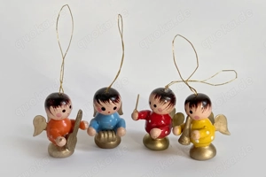 4 Christbaumanhänger Weihnachtsdeko Engel Musikinstrument Holz bemalt Erzgebirge 3cm vintage 70er