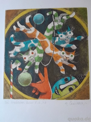Alfred Finsterer - Katzen - Kunstdruck   Radierung Sig. SELTEN