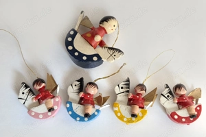 5 Christbaumanhänger Weihnachtsdeko Engel Schaukelpferd Holz bemalt Erzgebirge 4cm vintage 60  70er