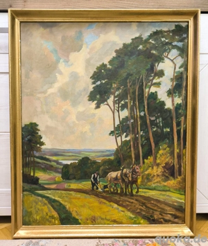 Gemälde Ölbild Landschaft Zugpferde 