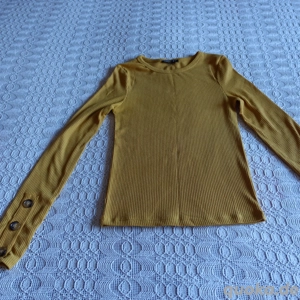 Damen - Shirt, Langarmshirt, Rippenshirt, Gr. S bzw. ca. Gr. 36, senffarben curryfarben