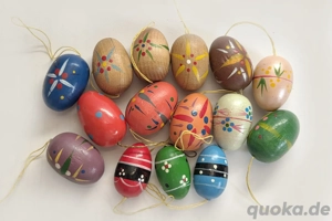 15 Ostereier Holz Ostern z. Aufhängen bemalt Erzgebirge 2,5-3cm 60er vintage