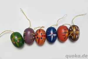 6 Ostereier Holz Ostern z. Aufhängen bemalt Erzgebirge 3cm 60er vintage