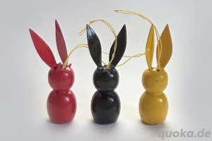 3 Osterhasen Holz Ostern z. Aufhängen bemalt Erzgebirge 6cm 60er vintage