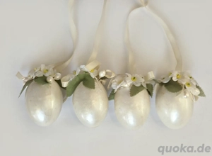 4 Ostereier Osterschmuck-strauch cremeweiß m.Blumen Stoffband 5x8 Plastik vintage 70er