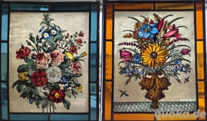 2 Bleiglas Fensterbilder Glasbild Blumenmotiv 23x28 alt Landhausstil 60er