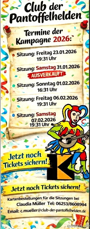 2 Eintrittskarten für die große Narrensitzung der Pantoffelhelden am 1.2. um 16.31 Uhr in Weinheim