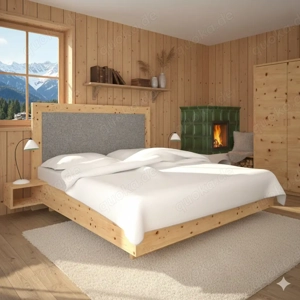 Zirbenbett "Perle aus Südtirol" 180 x 200 cm inkl. Kopfteil mit hochwertigem Loden-Stoffeinsatz