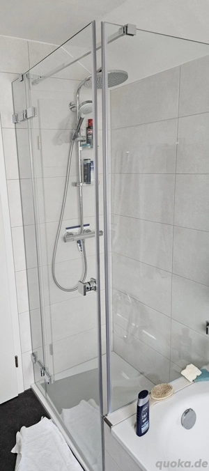 Glasdusche von Heiler für Duschwanne 90cm x80cm, Tür mit Festteil und verkürztem Seitenteil