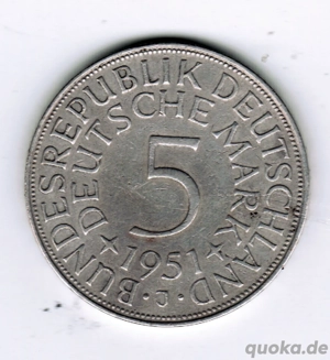 5 DM - Deutsche Mark - Münze - Silberadler - 1951 J - Heiermann