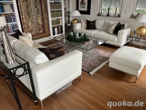 Weiße Wohnzimmer- Echt- Leder- Sitzgruppe & 2 Lampentische, Glas & Schmiedeeisen