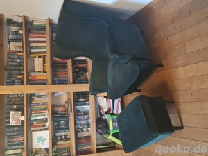 Sessel, Ohrensessel Strandmon mit Hocker, dunkelgrün, von IKEA