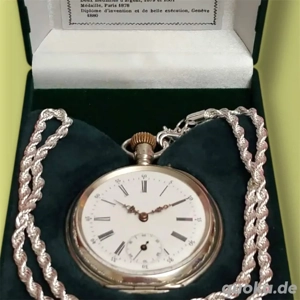 Antike Silber-Taschenuhr Paul Perret (ca. 1885) mit Original-Box & Silberkette   Top Zustand
