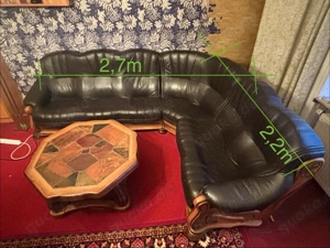 Braune Leder-Eckcouch mit Holzfassung aus den 90ern