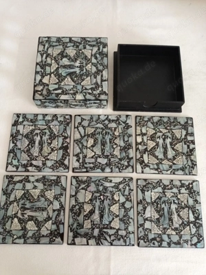6 Perlmutt Untersetzer mit China Motiv eckig - inklusive Box mit
