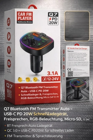 Q7 Bluetooth FM Transmitter Auto   USB-C PD 20W Schnellladegerät, Freisprechen, RGB