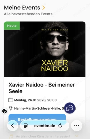 Karten für das Xavier Naidoo Konzert heute Abend. Müssen nicht abgeholt werden, es gibt einen barcod