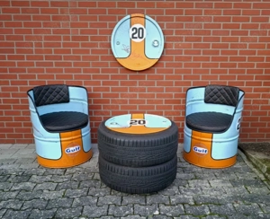 GULF Design Vintage Ölfass Möbelset Büromöbel Sessel Tisch Sitzgruppe Hobbyraum Möbel Neu