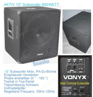Aktiv Subwoofer 15" ideal als Bassunterstützung oder Erweiterung, PA- DJ- Karaoke- Bühne Events