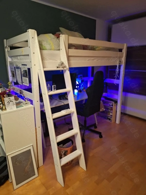 Hochbett Kinderhochbett aus Kiefer Massivholz in Weiß lackiert Breite Höhe Tiefe:98 175 208 cm 