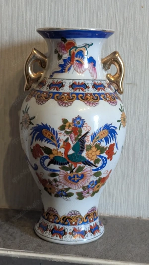 Seltene chinesische Famille Rose Vase   Phönix & Pfingstrosen Goldhenkel