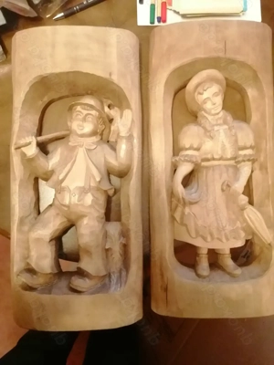 2 massiv Holzbilder handgeschnitzt, Mädchen und Junge