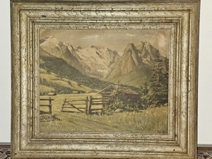 Antik! Ölgemälde Berge mit Wiese und Hütte Ölbild Gemälde mit Rahmen TOP!