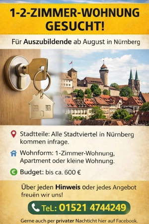 1 2 Zimmer-Wohnung für Auszubildende ab August in Nürnberg gesucht