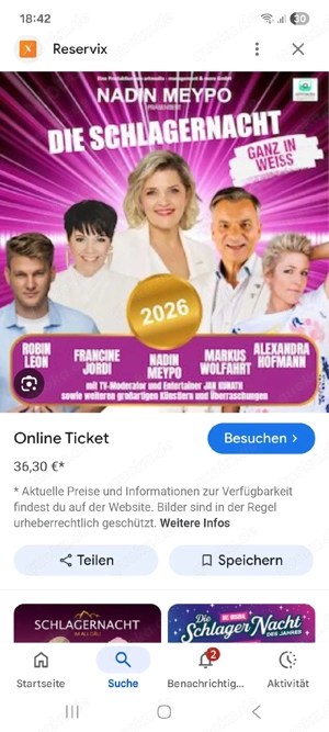 2 konzertkarten für schlager nacht in weiss in bühl 06.06.26