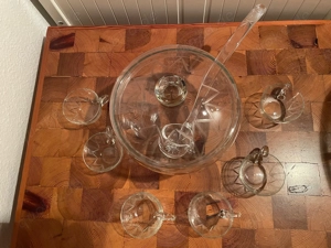 Bowleset 50er Jahre Klarglas mit gläserner Schöpfkelle und 6 Gäsern