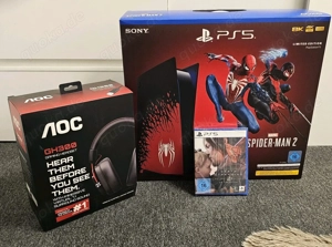 Sony Playstation 5 Spider Man 2 mit Kopfhörer und verpakung und spiele 